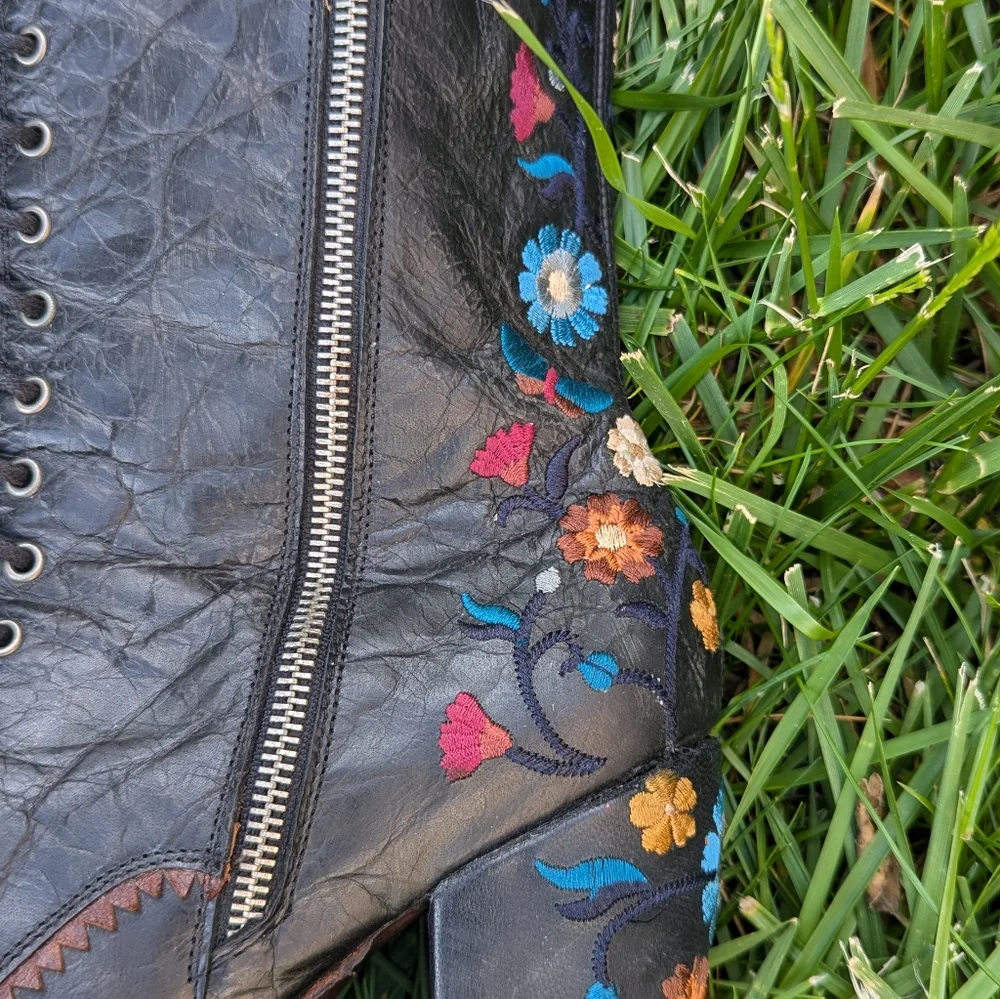 Old Gringo Cate Lace Up Cowboy Boots Black Women's Rare Retro Embroidered Floral - Picture 5 of 15